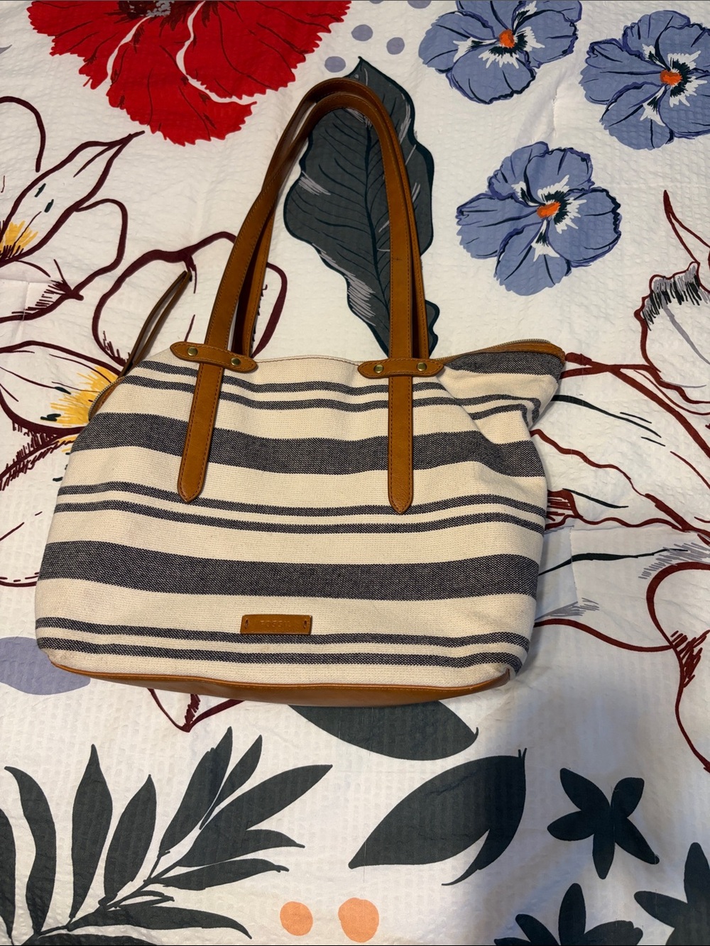 Fossil Navy and Cream Striped Canvas Tote